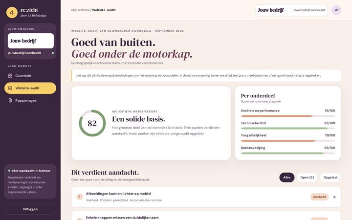 Voorbeeld van re:zicht. Website-audit: wat goed gaat en wat aandacht verdient, met uitleg.