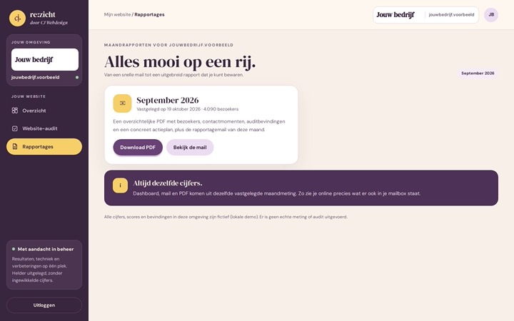 Voorbeeld van re:zicht. Rapportages: elk maandrapport in het portaal, ook als pdf.